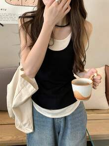拼接撞色 2合1/解構街頭風女款夏季上衣休閒黑色 - 黑色 - 查看 4