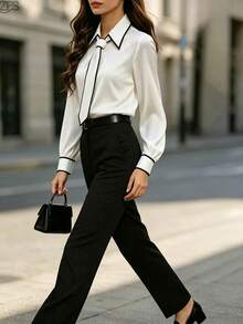 1pc Women's Contrast Color Trim Knotted Elegant Long Sleeve Blouse, Suitable For Holiday, Office, Daily Wear, All Seasons White Spring - White - View 2