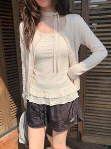 Women's White Polka Dot Ruffle Cami Top And Knit Cardigan 2 Pieces Set, Elegant Layered Outfit For Fall And Winter, Cute Casual Style - Apricot - View 3