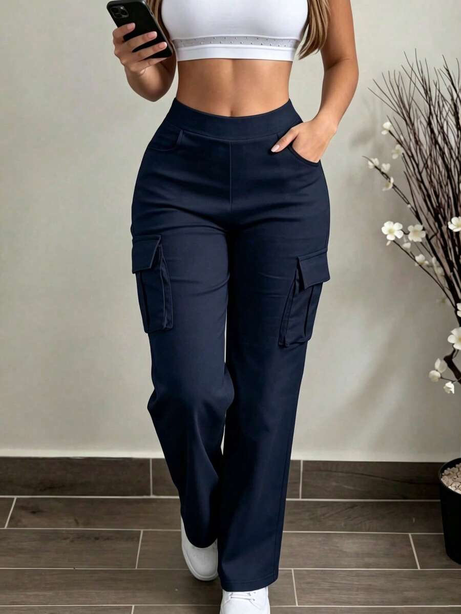 Plus Size Women's Casual Fashion Versatile Cargo Pants Spring - Navy Blue - View 1
