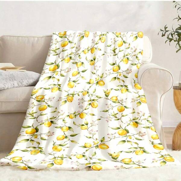 1 Buah Selimut Flanel Motif Bunga Daun dan Cabang Lemon Cat Air Latar Belakang Putih, Buah dan Tanaman Segar yang Menyehatkan, Gaya INS, Selimut Lembut untuk Ruang Tamu, Sofa, Kamar Tidur, Asrama, Tidur Siang, Hadiah