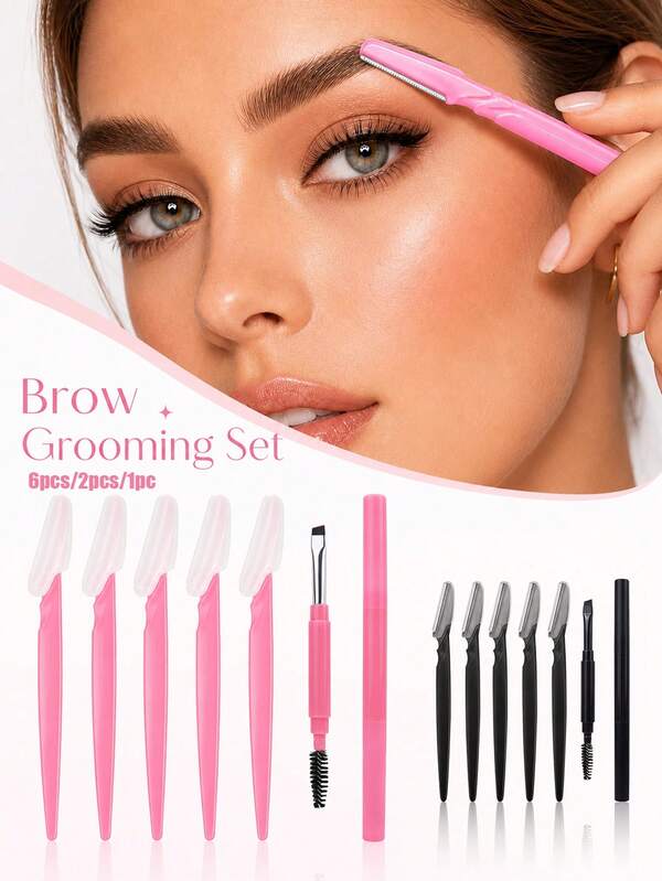 6pcs/2pcs/1pc Dual-Ended Eyebrow Brush With Flat And Angled Head, Eyebrow Trimmer With Cap, And Facial Razor, Eyebrow Spoolie With Dust Cover, Reusable And Washable Eyebrow Trimming Knife, Brow Grooming Set Suitable For Shaping And Filling Eyebrows, Eyelashes And Eyeliner