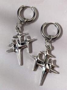 1 par de pendientes de estilo gótico punk vintage con estrella de cuatro puntas, diseño de estrella apilada, adecuado para mujeres, Día de San Valentín, mamá, regalo del Día de la Madre, regalo de Halloween, unisex - Plata antigua - Ver 6