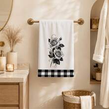 2pcs Vintage Black & White Rose Floral Theme Bathroom Towels, Suitable For Bathroom Cleaning, Home Cooking, BBQ, Bathroom Cleaning, Outdoor Activities And Tea Party Decor Home Supplies - Multicolor - View 3