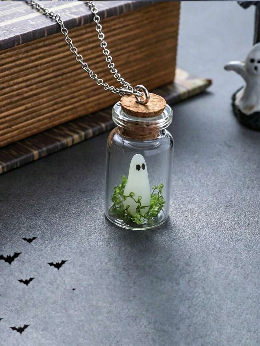 1pc Halloween Glow-In-The-Dark Ghost Drift Bottle Necklace (Necklace Glows In The Dark) - Style 1 - View 1