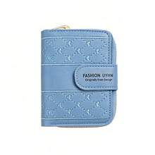 Mini Zip-Around Wallet, Multifunctional Women's Card Holder With Embroidered Heart And Simple Coin Purse. - Blue - View 1