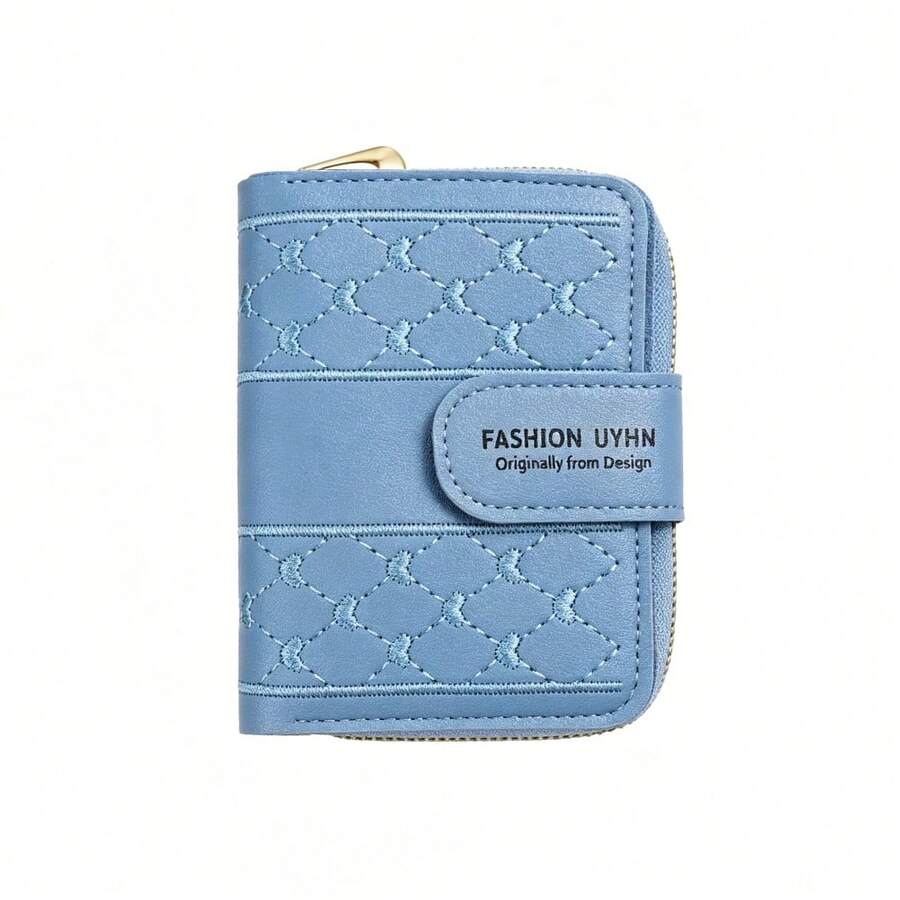 Mini Zip-Around Wallet, Multifunctional Women's Card Holder With Embroidered Heart And Simple Coin Purse. - Blue - View 1