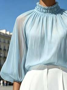 French Elegant Youthful Vacation Style Sheer Lightweight High Neck Lantern Sleeve Pullover - Blue - View 7