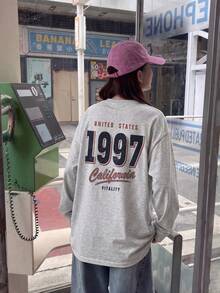 Kaos Lengan Panjang Wanita Gaya Vintage Longgar Serbaguna dengan Motif Cetak Huruf, Model Kasual untuk Musim Semi dan Gugur. - Abu-abu muda - View 6