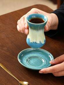 Bộ tách cà phê Thổ Nhĩ Kỳ bằng gốm kèm đĩa lót, tách espresso gốm, tráng men nung lò màu gradient, bộ tách cà phê Ả Rập nhỏ và đĩa lót, phù hợp dùng tại nhà, quán cà phê và làm quà tặng - Nhiều màu - Xem 6