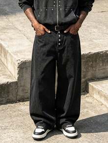 Men's Fashionable Retro Button Placket Loose Wide Leg Denim Jeans, Versatile Street Style Casual Long Pants - Black - View 5