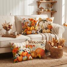 4pcs Watercolor Pumpkin Daisy Bird Welcome Autumn Harvest Print Pillow Covers, American Country Style Polyester Square Single-Sided Printed Zipper Closure Cushion Covers Without Inserts, Living Room Entryway Autumn Home Decor Set - Orange - View 3