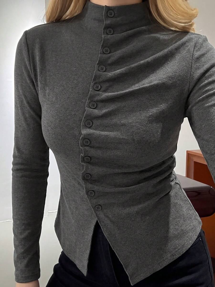 Long Sleeve Fitted Turtleneck Top With Pleated Design, Button Placket And Slit Hem, Suitable For Autumn/Winter Wear