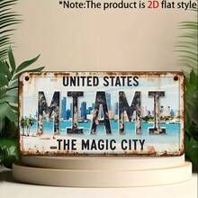 2D Flat Decoration - Single Piece, 1pc, Vintage Miami Metal Decorative Sign And Ornament, Rustic Style Wall Decor, Suitable For Man Cave, Garage, Bar, Home, Metal Wall Art Decoration (Random Style) - A - View 1