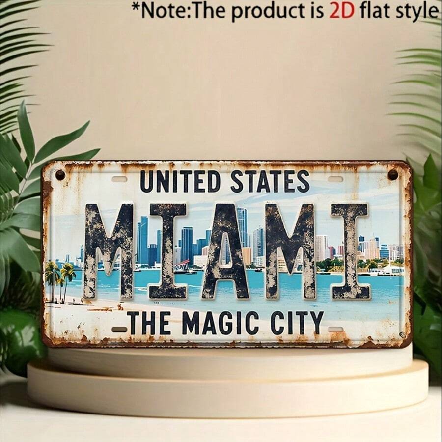 2D Flat Decoration - Single Piece, 1pc, Vintage Miami Metal Decorative Sign And Ornament, Rustic Style Wall Decor, Suitable For Man Cave, Garage, Bar, Home, Metal Wall Art Decoration (Random Style) - A - View 1