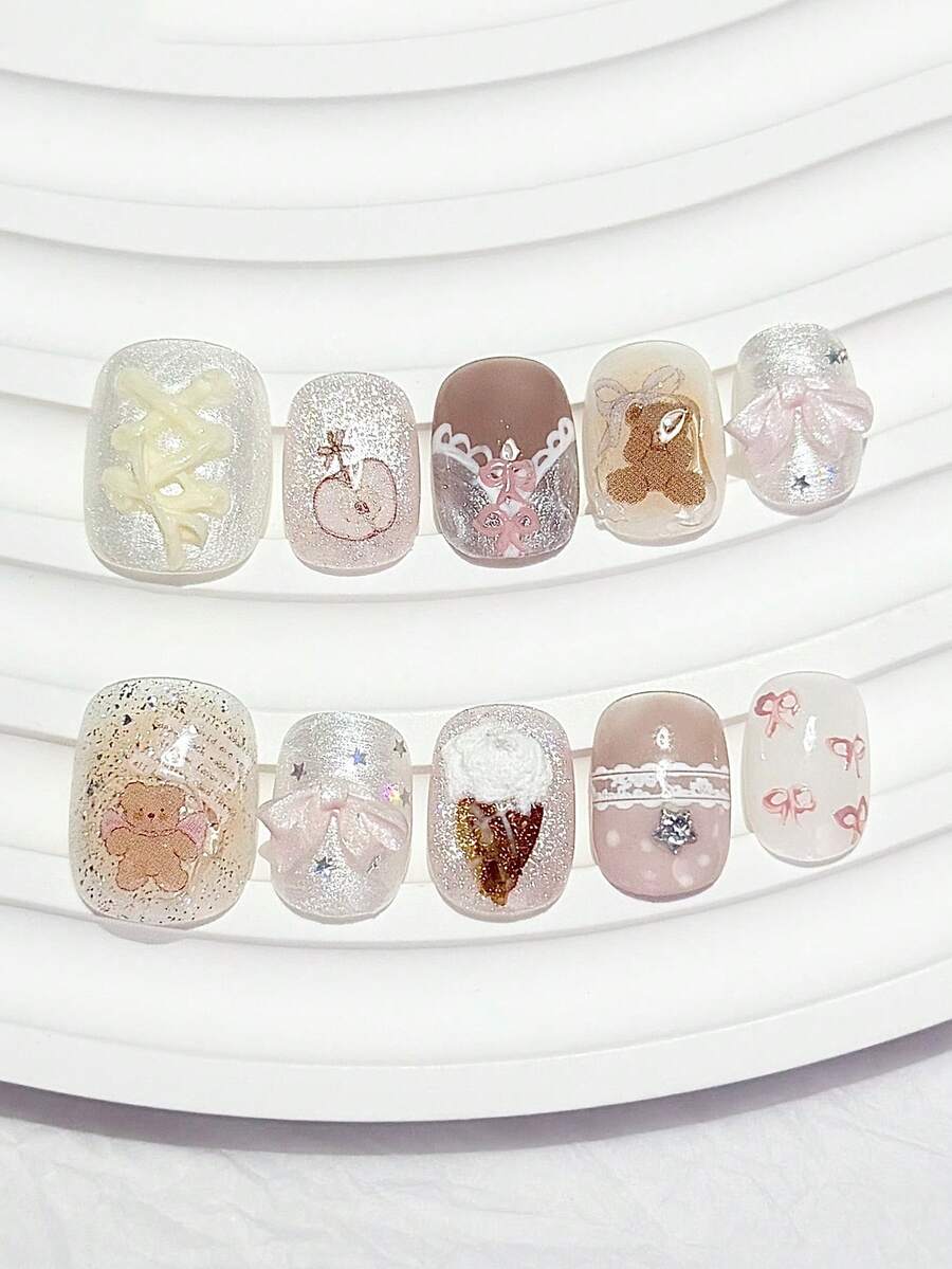 10pcs Milk Mist Glitter Cat Eye Cute Bear Apple 3D Bow Star Hand-Painted Lace Short Round Nail Art Supplies (1pc Jelly Sticker + 1pc Nail File) - Multicolor - View 1