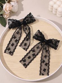 2 Pcs Black Lace Bow Hair Clips, Long Ribbon Floral Mesh Hair Bows Barrettes, Vintage Coquette Hair Accessories For Women Girls - Black - View 4
