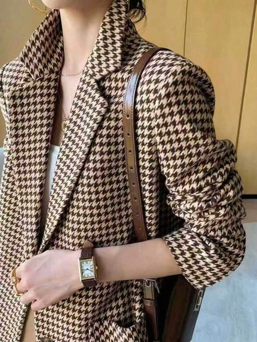 Women's Houndstooth Casual Versatile Commute Travel Blazer - Brown - View 1