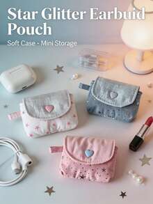 12/1pc Aesthetic Pastel Fabric Wireless Earphone Protective Case With Star Sequin Pattern And Heart-Shaped Snap Button, Mini Earphone Storage Bag, Portable Key And Coin Organizer, Suitable For University, Office, Daily Use, All Seasons - Multiple Colors and Styles - View 5
