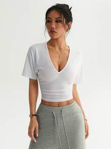Solid Color Deep V-Neck Ruched Short Sleeve Cropped Top, Casual Slim Fit Fitness T-Shirt - White - View 3