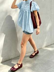 Summer Light Blue Frill Trim Stand Collar Babydoll Top, Lace Patchwork Puff Short Sleeve, Loose A-Line Tummy-Covering Top - Baby Blue - View 2
