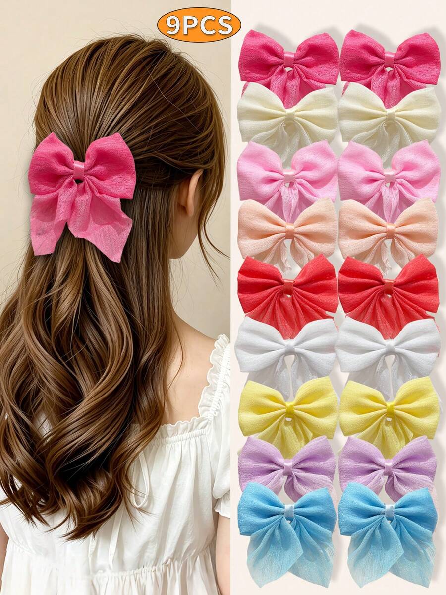 9pcs Girls Princess Bow Hair Clips, Simple Cute Elegant Exquisite Alligator Hair Clips, Half-Up, Bangs, Loose Hair Clips, Daily Use, Birthday Party, Back To School Hair Accessories - Multicolor - View 1