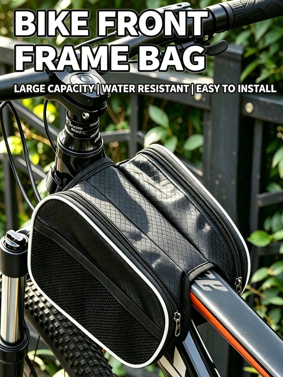 Black Bicycle Bag, Bicycle Zipper Front Frame Bag, Cycling Top Tube Bag, Saddle Bag, Double-Sided Frame Bag - Black - View 1