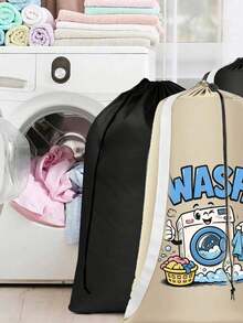 Extra Large Capacity Laundry Bag With Shoulder Strap And Durable Drawstring, Printed With Letter WASH And Washing Machine Pattern, Multi-Purpose Rectangular Woven Laundry Bag, Suitable For Home And Travel Storage, Portable Travel Storage Bag, Durable Drawstring, Home Canvas Storage Bag, Ideal For Travel/Dorm, Essential For Back To School/Graduation Season - Multicolor - View 3