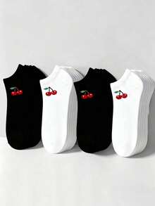 1/10/20 Pairs Women's Cherry Black & White Low Cut Socks, Comfortable Soft Breathable Daily Socks, Suitable For Daily Wear, Outdoor Activities, Back To School Season - Black and White - View 1
