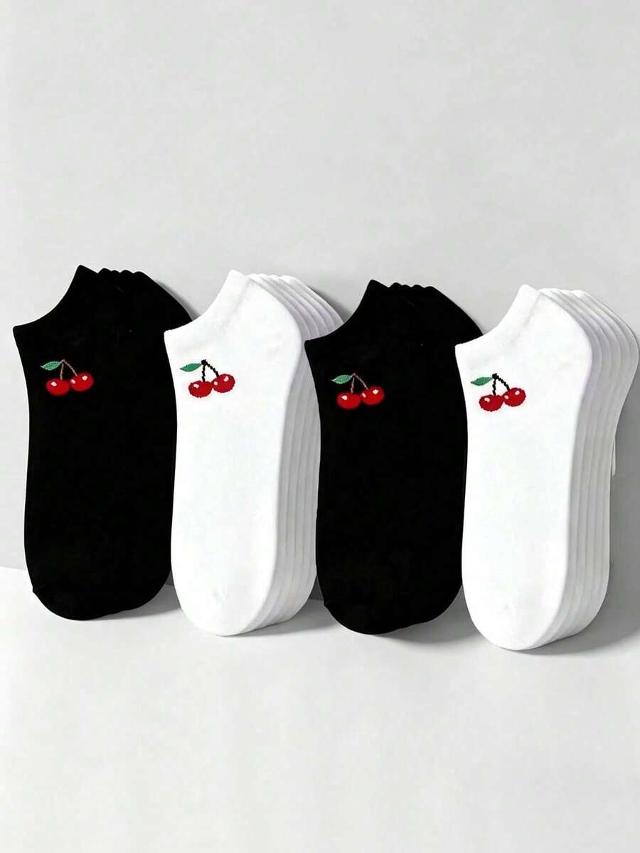 1/10/20 Pairs Women's Cherry Black & White Low Cut Socks, Comfortable Soft Breathable Daily Socks, Suitable For Daily Wear, Outdoor Activities, Back To School Season - Black and White - View 1