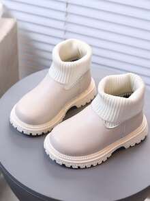 1 Pair Kids Knitted Sock Ankle Boots, Simple Fashion Autumn/Winter Soft Sole Slip-On Thick Sole Tube Boots - Beige - View 3