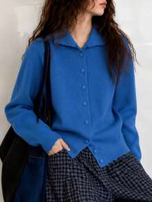 Jaket Kardigan Rajut Kasual Minimalis Wanita Musim Gugur/Dingin - Biru - View 3
