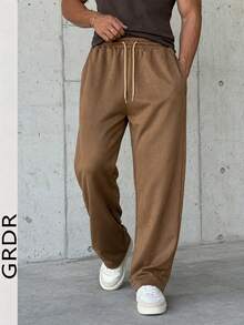GRDR Men's Elastic Waist Drawstring Casual Pants, Suede Fleece, Loose Fit, Draped, Lazy Style, Wide Leg Long Pants, Autumn/Winter - Brown - View 6