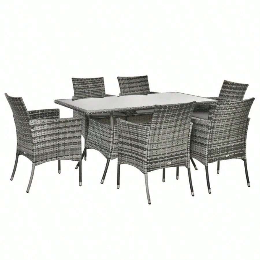 6-Seater Rattan Dining Set Garden Furniture Patio Rectangular Table Cube Chairs Outdoor Fire Retardant Sponge Grey - Multicolor - View 1