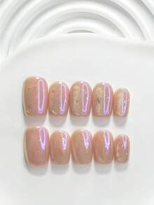 10片裝極光貓眼手工穿戴甲，Poly Gel美甲套組，貓眼粉色指甲油，透明發光溫柔風，含美甲工具，3種尺寸可選，方型/短方型/杏仁形，適合派對、跳舞、日常配戴 - 彩色 - 查看 20