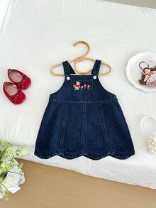 Miniweenns 1pc Baby Girl Denim Sweet Cute Style Adjustable Suspenders Embroidered Pocket Wavy Hem Dress - Blue - View 2