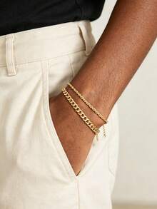Conjunto de 2 brazaletes de acero inoxidable chapados en oro con diseño minimalista para hombres, adecuados para el uso cotidiano, el trabajo y festivales, regalo para el novio - Dorado - Ver 3