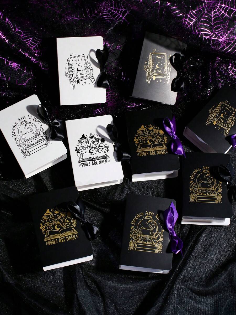 5pcs Halloween Book Shaped Gift Boxes With Ribbon, Magic Book Print Paper Favor Boxes, Mini Book Style Gift Packaging For Halloween Party Favors, Jewelry, Small Gifts, Classroom Exchange, Haunted House Decorations, Easy To Assemble