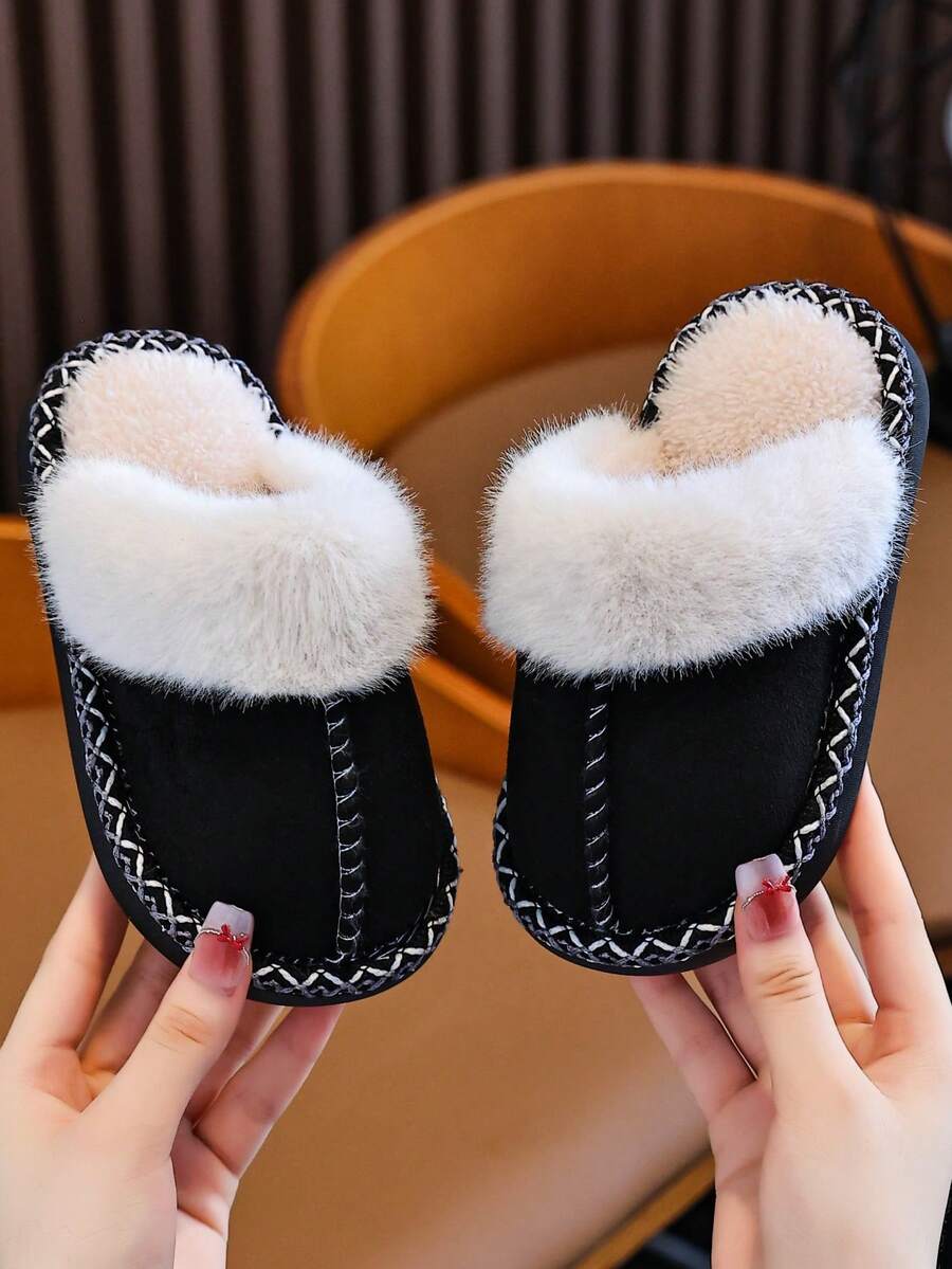 Children's Fuzzy Closed-Toe Slippers For Autumn And Winter, Boys And Girls Indoor Bedroom Home Wear, Simple And Elegant - Black - View 1
