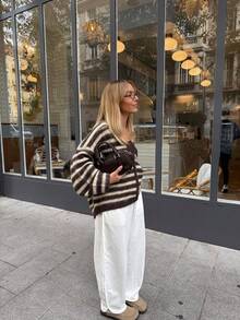 Brown And White Striped V-Neck Mohair Knit Cardigan, Soft Fluffy Dropped Shoulder Short Length, Vintage Slouchy Single-Breasted Long Sleeve Knit Cardigan - Brown - View 7