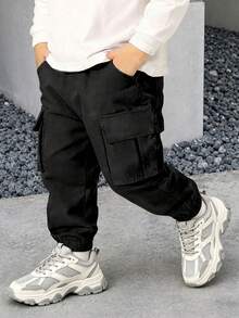 1pc Toddler Boys' Minimalist Outdoor Sports Drawstring Cargo Pants, Suitable For Spring & Autumn - Black - View 4