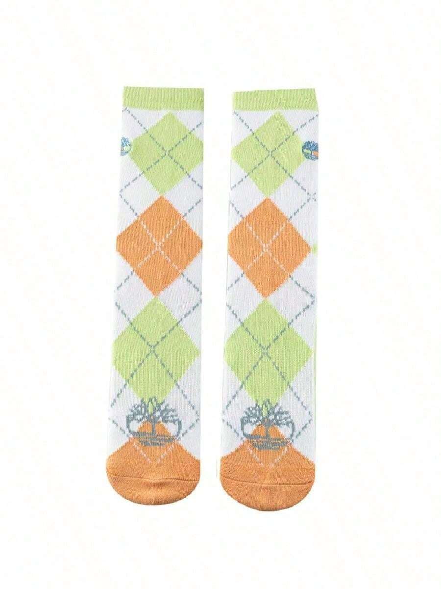 Timberland Unisex Crew Socks 2PP TB Lightweight Thermal Cre,FQ Simple Comfortable Soft Sports Casual Socks A5Z8X302 - Green/White/Orange - View 1