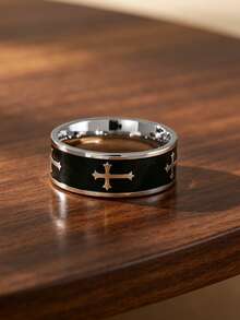 MONALLY Vintage Gothic Cross Ring For Men, 304 Stainless Steel Black Enamel Religious Band, Christian Faith Prayer Statement Ring Jewelry Gift - Ring - View 5