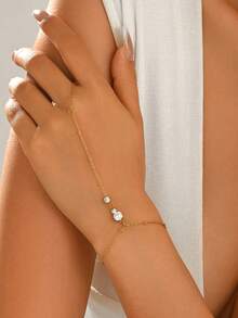 1PC Women's Gold Stainless Steel Round Rhinestone Beaded Finger Chain Hand Back Jewelry Fashion 18K Gold Plated - Gold - View 1
