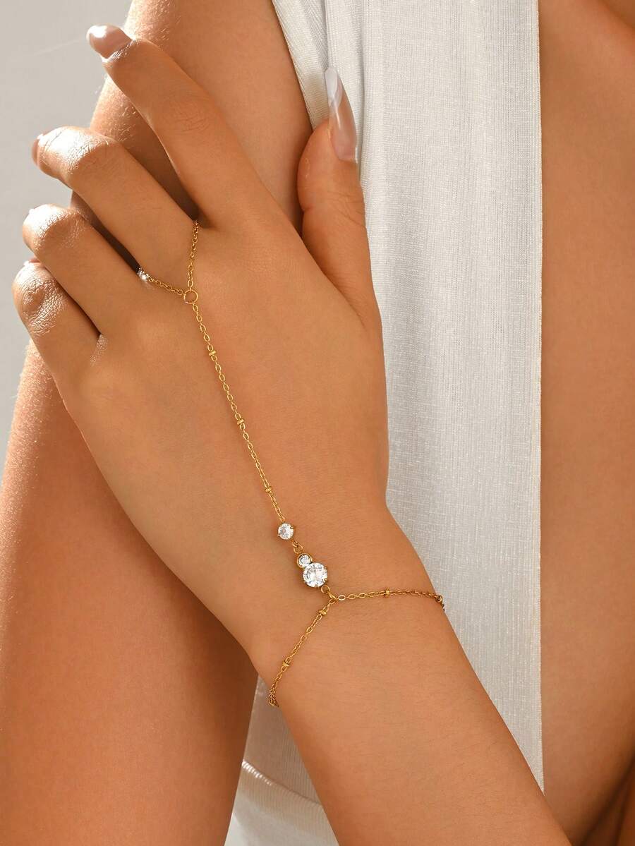 1PC Women's Gold Stainless Steel Round Rhinestone Beaded Finger Chain Hand Back Jewelry Fashion 18K Gold Plated - Gold - View 1