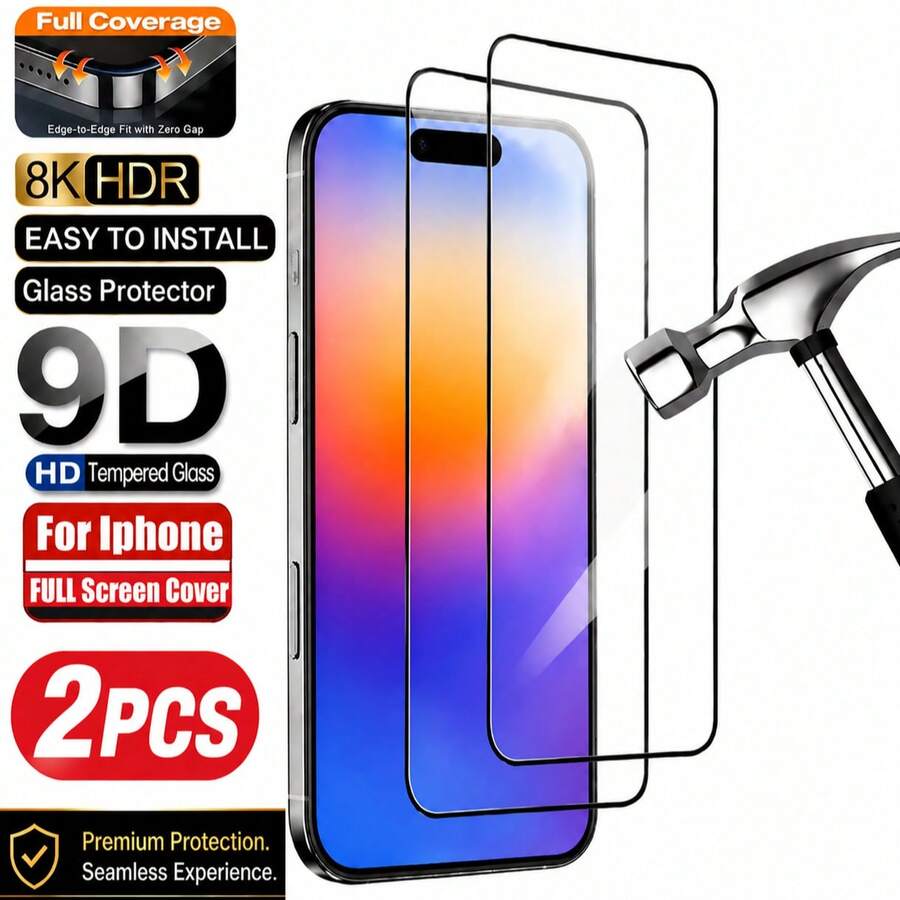 2PCS 2.5D Curved Full Coverage Tempered Glass Screen Protector For IPhone 18 Pro Max/18 Fold/17 Pro Max/17 Pro/17 Air/17/16 Pro Max/16 Pro/16 Plus/16/15/15 Plus/15 Pro/15 Pro Max/14/14 Plus/14 Pro/14 Pro Max/13/12/11/X/XS Max/8/7 Series, 9H HD Clear Glass, Smooth Touch, Scratch Resistant, Case Friendly - Black - View 1