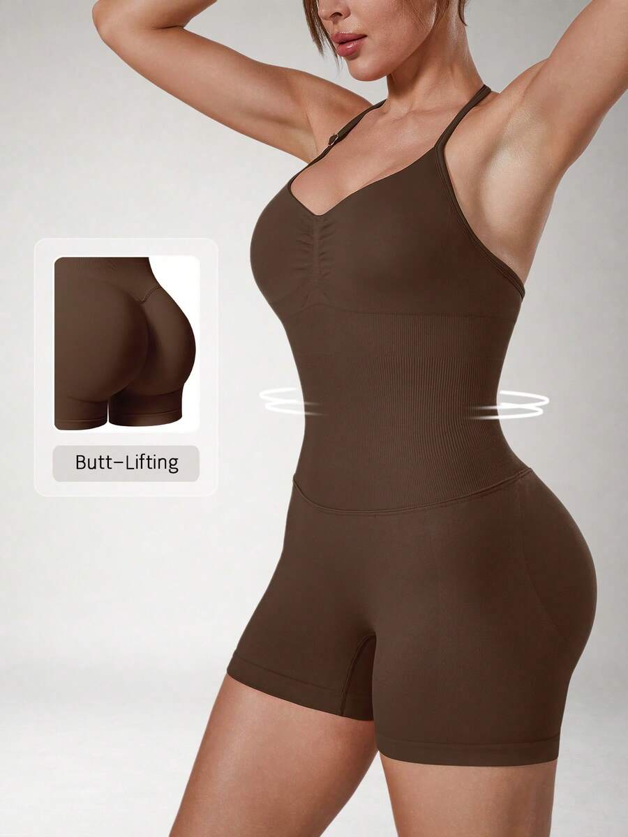NcmRyu Women's 1pc Solid Color Halter V-Neck Adjustable Strap Ruched Front Backless Scrunch Butt Sports Romper - Mocha Brown - View 1
