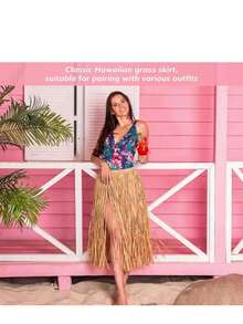 31-Inch Paper Imitation Rafi Grass Hawaiian Flower Crown Dress,Tropical Luau Dance Dress, Adult Women And Men Tropical Party Attire, Beach Style, Suitable For Various Festival Parties - 1-summer Beach Grass Skirt - View 5