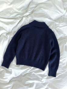 Kardigan Rajut Wanita Musim Gugur/Dingin Vintage Biru Navy Kerah Lipat Desain Kancing Tunggal Efek Melangsing Serbaguna Jaket Sweater - Navy Blue - View 7