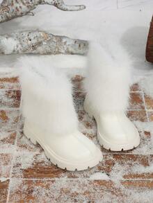 1 Pair New Autumn/Winter White Fluffy Long Fur Decor Soft Comfortable Thick Sole Fashion Casual Short Boots For Girls - White - View 5